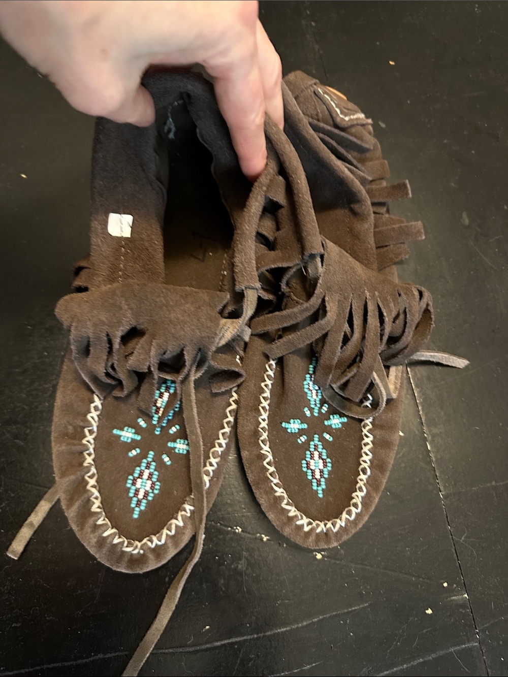 Brown Suede Fringe Moccasins with Turquoise Beadwork